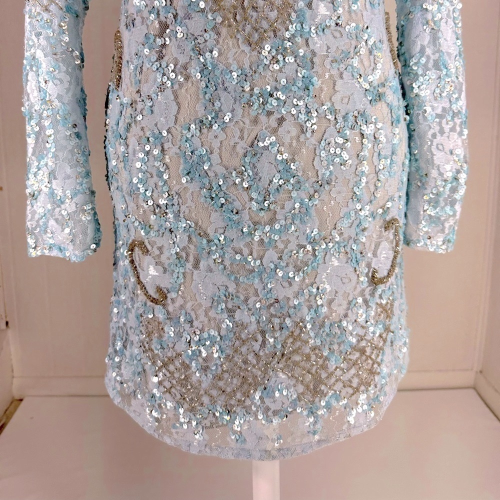Aidan Mattox Pale Blue Embellished Long-Sleeve Mini Dress - Picture 4 of 15
